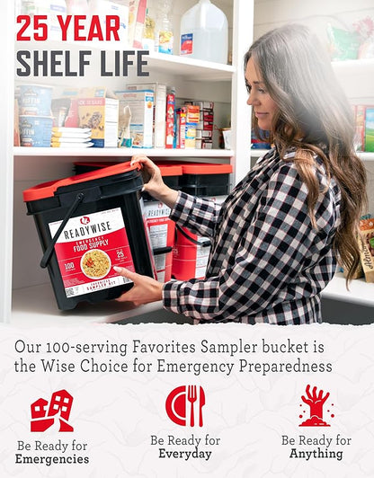 ReadyWise Emergency Food Supply - 100 Servings Favorites Bucket, Protein Meals, Dehydrated & Freeze Dried Survival Food, Backpacking, Camping Essentials & Prepping Supplies, up to 25 Year Shelf Life