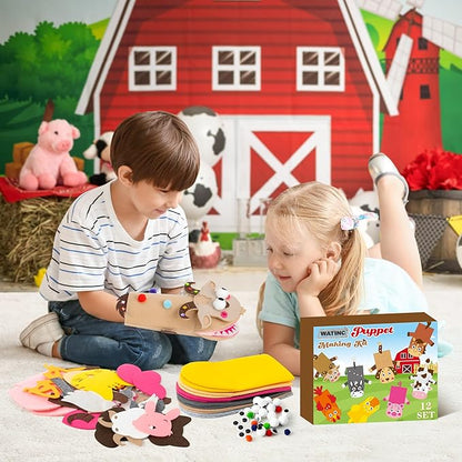 WATINC 12 Pcs Hand Puppet Making Kit, Art Craft Felt Sock Puppet Toys, Creative DIY Make Your Own Pompoms Wiggle Googly Eyes Storytelling Role Play Party Supplies Gift for Girls Boys (Farm Animals)