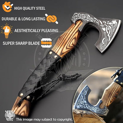 SHINY CRAFTS®- Hand-Forged Viking Axe for Men Leather-Wrapped Handle & Sheath Great for Birthdays, Holidays, or Weddings (SCA-19)