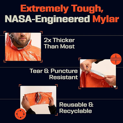 PREPARED4X Emergency Poncho and Mylar Blanket Liner - Waterproof, Wind-Resistant Outdoor Rain Poncho for Camping, Emergencies