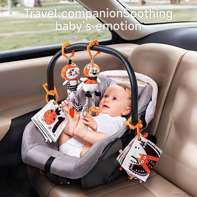 TUMAMA KIDS Black and White Baby Toys, High Contrast Rattle Toy & Soft Book Set,Hanging Toys for Baby Gym,Car Seat Toys for Babies,Early Educational Toys for Infant Babies 0 3 6 9 12 Month