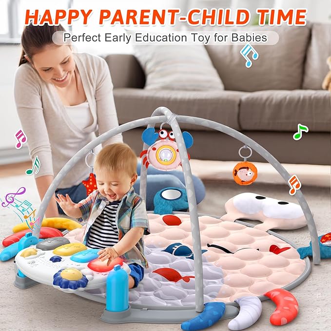 UMIKU Baby Play Mat Tummy Time Mat for Newborn Infant Piano Music & Light Musical Activity Center Baby Boy Girl Gifts for Baby Toys 3 6 9 12 Months, Crab Theme