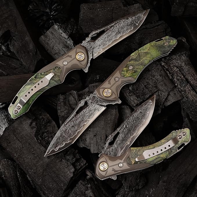 VG10 Damascus Steel Folding Knife, Stable Wood with Leather cover and pocket clip, Outdoor Survival Knife Portable EDC Camping, can be used as a gift