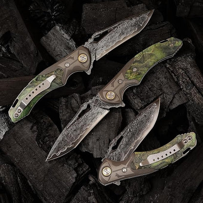 VG10 Damascus Steel Folding Knife, Stable Wood with Leather cover and pocket clip, Outdoor Survival Knife Portable EDC Camping, can be used as a gift