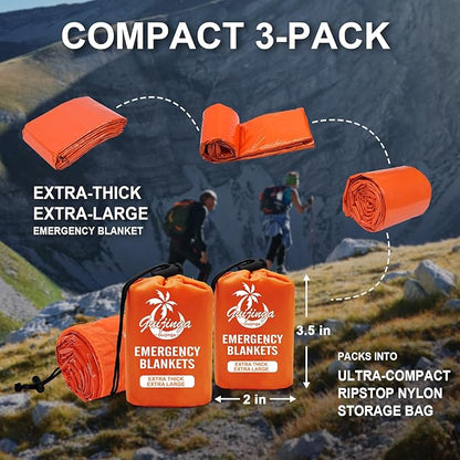 3-Pack Emergency Blanket, Extra-Thick Extra-Large Survival Blanket, Thermal Reflective Emergency Thermal Blanket for Outdoor Adventures, for Camping, Hiking, and Car Emergencies