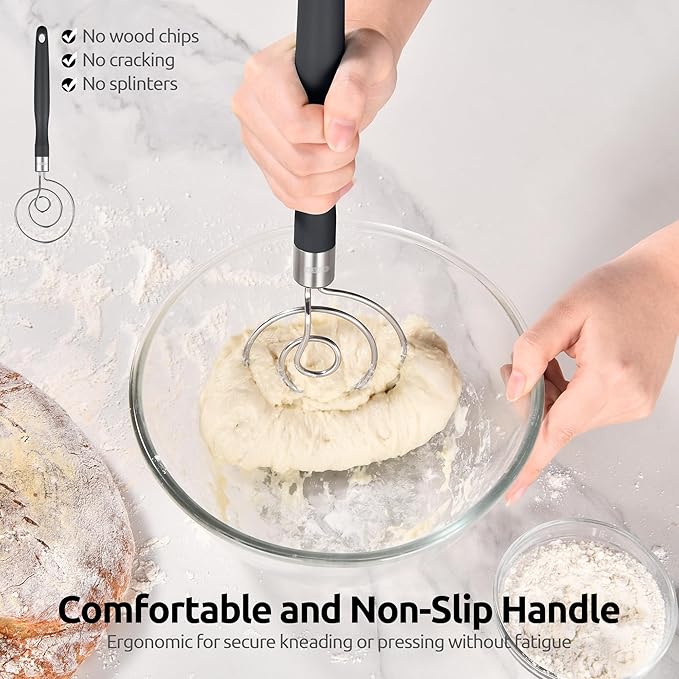 U-Taste 12.6" Danish Dough Whisk: 18/8 Stainless Steel Heavy-Duty Sourdough Mixer Tool, Food Grade Dutch Style Seamless Bread Wisk, Sturdy for Mixing, Stirring, Pressing, Kneading Thick Batter (Black)