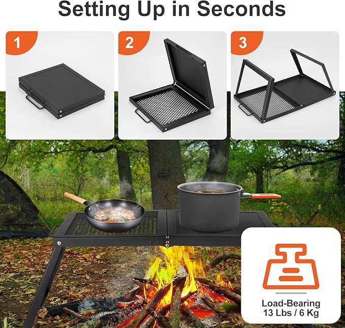 Odoland Folding Campfire Grill, Heavy Duty Steel Mesh Grate with Folding Legs and Storage Bag, Portable Camping Grates, Over Fire Pit Grill Rack for Outdoor Cooking and Bonfire