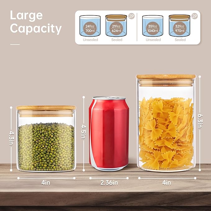 32oz & 21oz - 4 Pack Glass Jars with Bamboo Lids, Glass Pantry Storage Containers with Airtight Lids, Round Air Tigh Food Storage Canisters for Cereal, Pasta, Flour, Sugar, Best for Kitchen Organizer