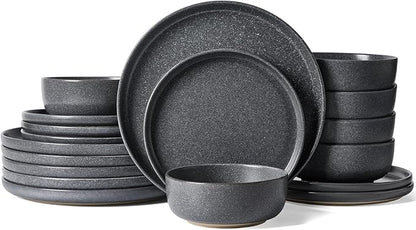 Famiware Milkyway Plates and Bowls Sets, 18 Pieces Dinnerware Sets, Reactive Glaze Dish Set, Stoneware Dishes Set for 6, Matte Dark Charcoal