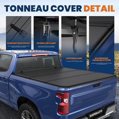 KUIPERAUTO 5.8FT Hard Tri Truck Bed Tonneau Cover Compatible for 2019-2025 2026 Chevrolet Silverado GMC Sierra 1500 (2019 New Body) - 69.6 inch - W/o Multi-Flex Tailgate and Carbonpro