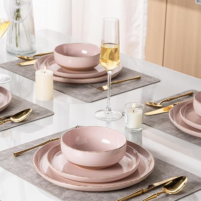AmorArc Ceramic Dinnerware Sets for 4, 12 Pieces Handpainted Plates and Bowls Set with Rustic Terracotta Underside, Scratch Resistant Stoneware Dishes Set, Dishwasher & Microwave Safe