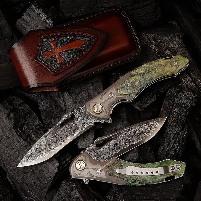 VG10 Damascus Steel Folding Knife, Stable Wood with Leather cover and pocket clip, Outdoor Survival Knife Portable EDC Camping, can be used as a gift