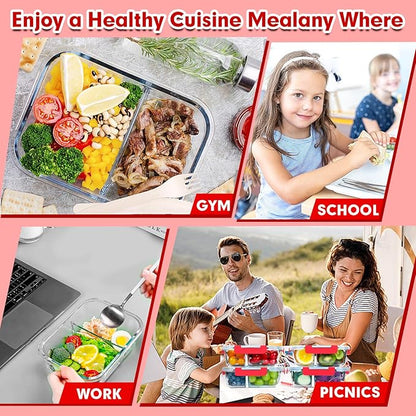 VERONES 5 Pack Glass Meal Prep Containers 2 Compartment Set, 36OZ Airtight Glass Lunch Containers, Glass Food Storage Containers with Lids, for Microwave, Oven, Freezer & Dishwasher Friendly,Red
