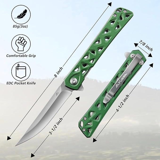 FLISSA Folding Knife, 4.5" Folding Pocket Knife, Hollow-out Design Handle, Tactical Pocket Knife for Hunting, Survival, EDC, Camping and Outdoor Activities, Green