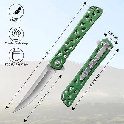 FLISSA Folding Knife, 4.5" Folding Pocket Knife, Hollow-out Design Handle, Tactical Pocket Knife for Hunting, Survival, EDC, Camping and Outdoor Activities, Green