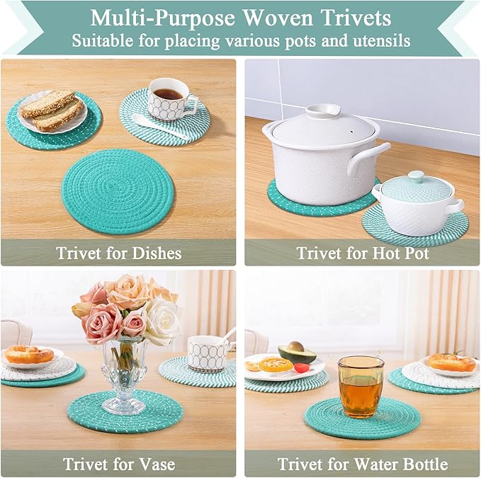 SHACOS 8 Inches Trivets for Hot Dishes, 4 Pieces Cotton Trivets Mats for Kitchen, Hot Pads for Countertops and Table, Heat-Resistant Pot Holders for Hot Pots and Pans(Teal Blue, 4pcs)