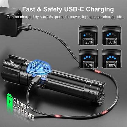 Flashlight 2000 High Lumens Rechargeable - 30W Super Bright LED Flash Light | 5000ft Beam & 12H Long Lasting USB C High Powered Handheld Police Flashlight for Home, Camping, Hiking, Emergency