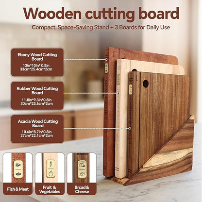 Book Cutting Board Set with Separated Stand, 3 Piece Wood Cutting Boards That