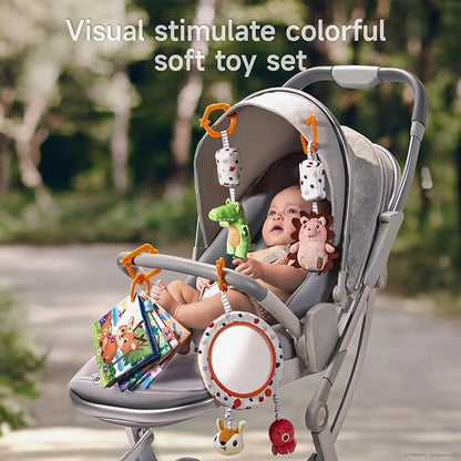 TUMAMA Car Seat Toys 3 6 9 12 Months, Plush Animal Rattle Mirror Soft Crinkle Book Baby Enlightenment Toy Set, Newborn Crib Stroller Play Gym Hanging Toys