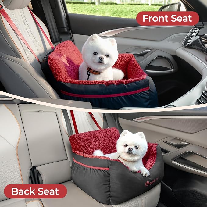 BurgeonNest Dog Car Seat for Small Dogs, Detachable and Washable Cat Carseats Under 25 lbs, Soft Pet Booster Seats with Storage Pockets and Clip-On Leash Portable Car Travel Carrier Bed, Black red