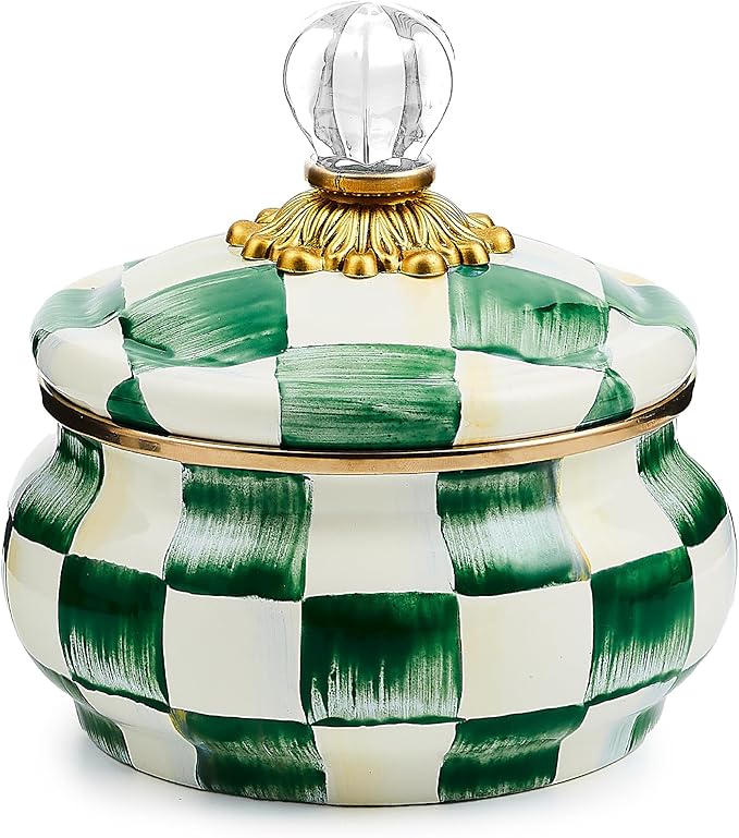 MACKENZIE-CHILDS Enamel Squashed Pot, Cute Enameled Container with Lid, 20 Ounces, Green-and-White Emerald Check