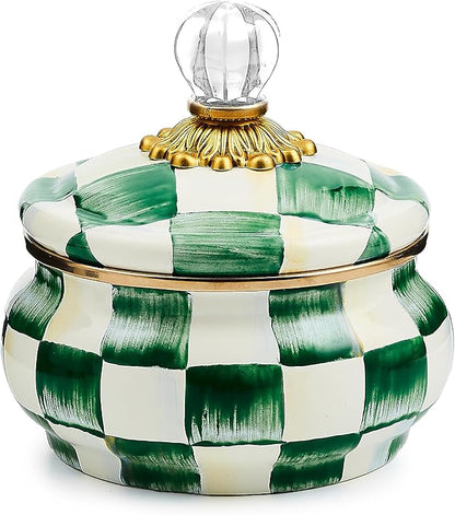 MACKENZIE-CHILDS Enamel Squashed Pot, Cute Enameled Container with Lid, 20 Ounces, Green-and-White Emerald Check