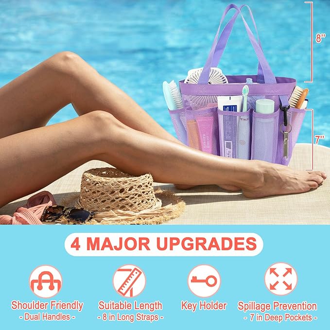 Mesh Shower Caddy Portable for College Dorm Room Essentials, 8-Pocket Large Shower Basket Tote Bag with 2 Handles for Toiletry, Bathroom, Beach, Camp, Gym