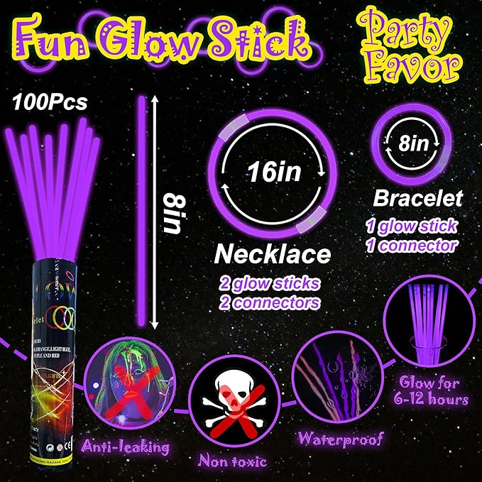 ILHSTY 100 Pcs 8'' Purple Glow Sticks Glow Necklaces In The Dark Party Favor Supplies Bright GlowSticks Bulk with Accessories for Christmas Halloween Easter Carnival Birthday Neon Party (Purple*100)