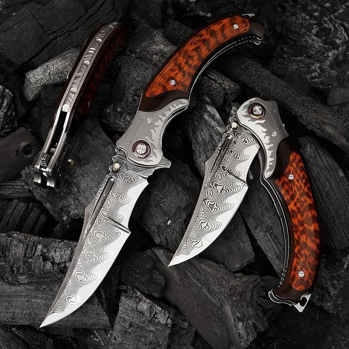 4.6in Damascus steel blade, ebony inlaid with serpentine wood handle with leather pocket folding knife, suitable for camping cutting
