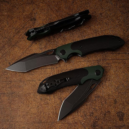 D2 Steel Folding Knife - 9CM Black Tactical Blade, G10 Handle, Pocket Clip - EDC Camping, Survival, Hunting - 60-61HRC, Vacuum Heat Treated, Stonewash Finish