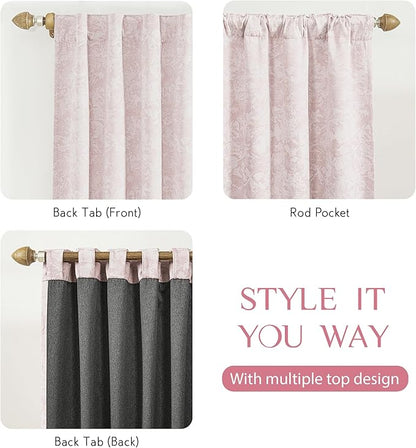 Beauoop Pink Floral Jacquard Blackout Curtains 72 Inches Long 2 Panels