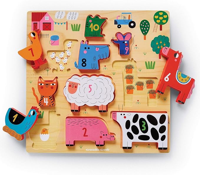 Crocodile Creek Wooden Stacking Puzzle, 10 Chunky Animal Pieces and Two-Sided Base with Play Scene for Kids Ages 2 Years and Up, 11.75 inches, 123 Barnyard