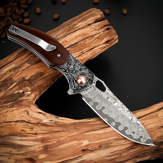 Damascus Pocket Knife with Sheath, 3.35" Damascus Steel Blade Knife with Wooden Handle, EDC Pocket Knives & Folding Knives for Outdoor Camping, Ideal Gifts for Men Women