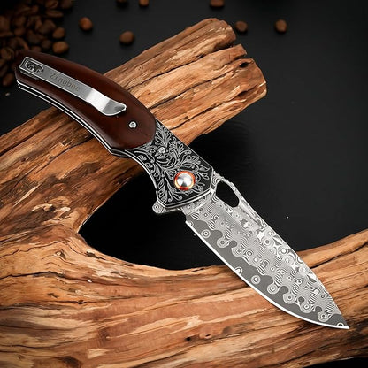 Damascus Pocket Knife with Sheath, 3.35" Damascus Steel Blade Knife with Wooden Handle, EDC Pocket Knives & Folding Knives for Outdoor Camping, Ideal Gifts for Men Women