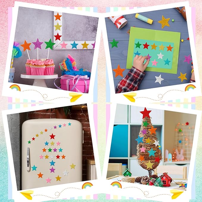 JULBEAR Colorful Glitter Star Foam Sticker, 300Pcs Stars Shapes Glitter Self Adhesive Foam Stickers for Kids Party Favors Toddler DIY Crafts Supplies Home Decorations