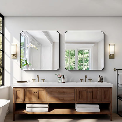 Black Bathroom Mirrors for Wall, Rounded Corner Metal Frame Wall Mirror