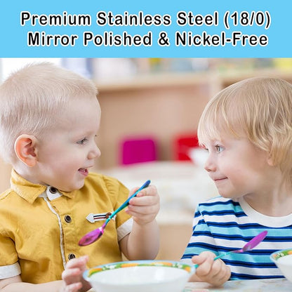 CHILLOUT LIFE Stainless Steel Kids Silverware Set 6 Pieces - Child and Toddler Safe Flatware - Kids Utensil Set - Metal Kids Cutlery Set (Includes 3 Small Kids Spoons & Kids 3 Forks, UV Rainbow)