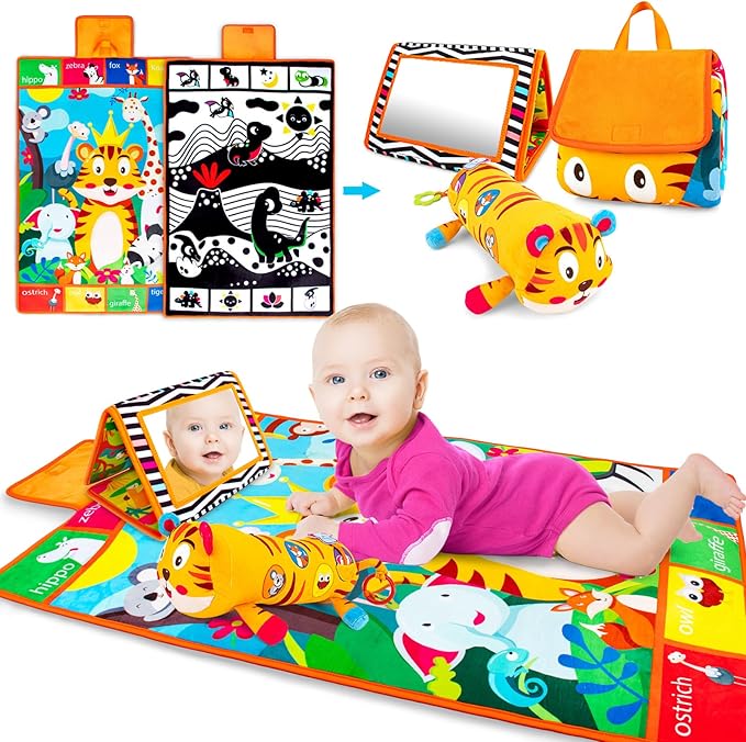 Tummy Time Toys,3-in-1 Tummy time Mat & Baby Mirror & Pillow- High Contrast Black and White Baby Toys for Early Education,Newborn Infant Activity Mat Set for 0 3 6 12 Month