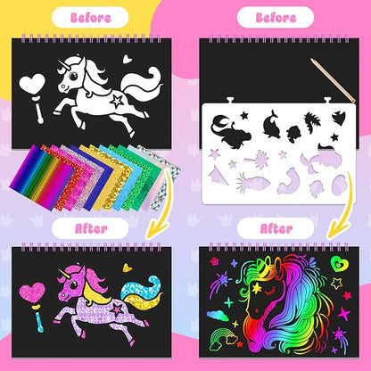 homicozy Art & Craft Activity for Kids: Foil Fun Unicorns and Princess & Scratch Art Book 2-in-1,No Mess Art Crafts for Girls,DIY Creative Activity Kit,Gifts for Girls Ages 4,5,6,7,8,9, Travel Toys