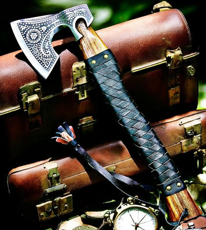 AX-7000 Custom Gift Forged Carbon Steel Viking Axe with Rose Wood Shaft, Viking Bearded Camping Axe (AX-7000) (AX-7091)