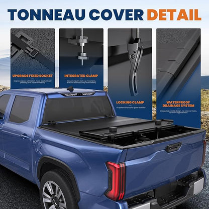 5.5FT Quad Fold Hard Truck Bed Tonneau Cover Compatible with 2022-25 Tundra | Toyota Tundra Fleetside Fiberglass Truck Bed Tonneau Cover Combination of Fiberglass and PP Honeycomb Design (66in)