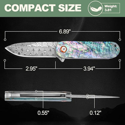 Damascus Pocket Knife with Sheath 2.95" Damascus Steel Blade Folding Knife with Abalone Shell Handle EDC Pocket Knives for Men Women Outdoor Indoor Camping