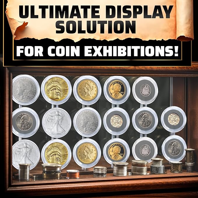 60 Pcs Silver Dollar Holder Case - Universal Sizes (30/33/38/40mm) with Foam Gaskets and Moisture Protection - Transparent Plastic Capsules with Organizer Box for Collectors