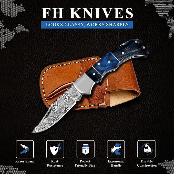 Set of 10 - Personalized Damascus Pocket Knife for Groomsmen -With Leather Sheaths - Custom Engraved Pocket Knives | Groomsman Gifts for Wedding, Groomsmen Proposal Gifts