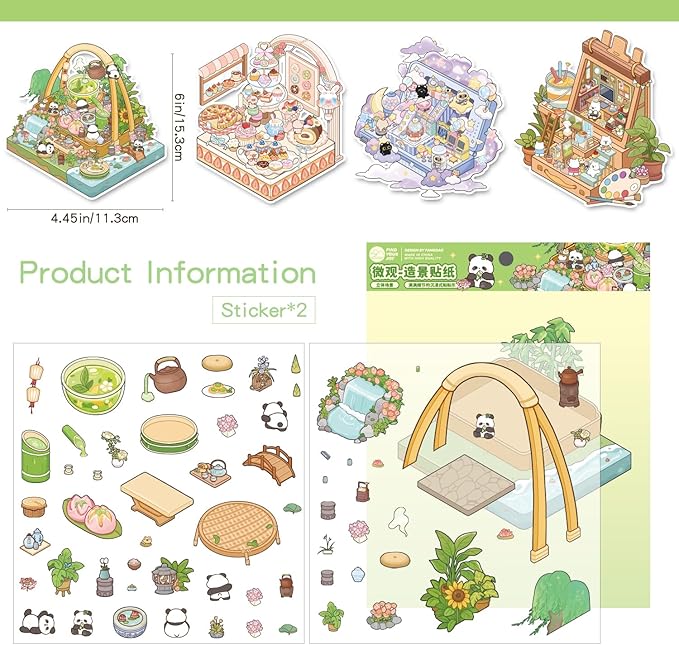 Girls 3D Miniature Scene Stickers, 4 Sets Storage Box DIY House Stickers for Dessert House,Tea Room,Painting Studio,Game Park,Cute 3D Cartoon Sticker Scenes for Adult Kids Relief Stress Pass The Time