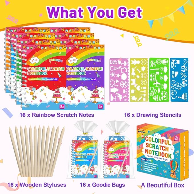 Party Favors for Kids: 16 Pack Scratch Art Notebooks with Rainbow Colors, 2-in-1 Coloring & Scratch Books, Bulk Birthday Gifts, Goodie Bags, Classroom Prizes for Boys & Girls