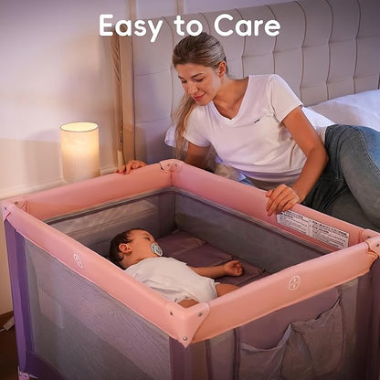 Pamo Babe Portable Playard with Mat Pad and Toy Bar Pink Play Yard for Baby