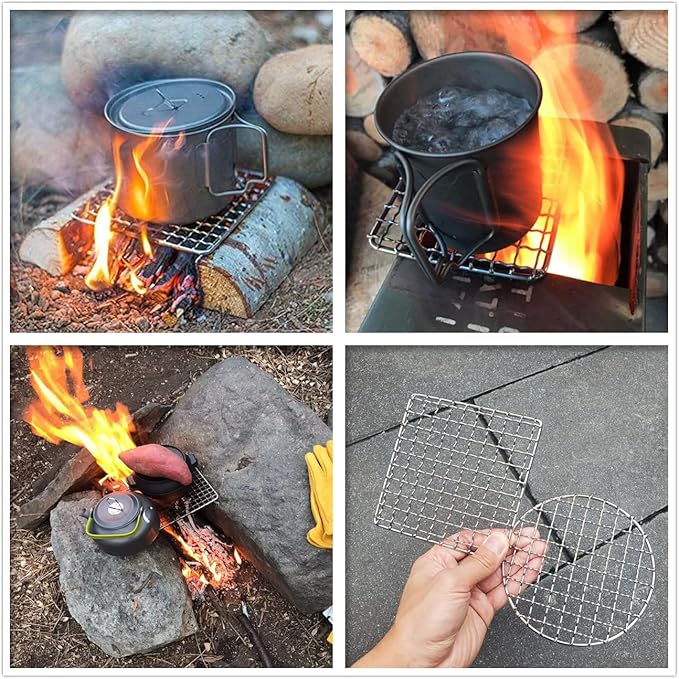 2Peices Backpacker Bushcraft Grill Grate Stainless Steel BBQ Cooking Grill Mesh Campfire Grill Square Round for Camping, Backpacking, Hunting Fishing