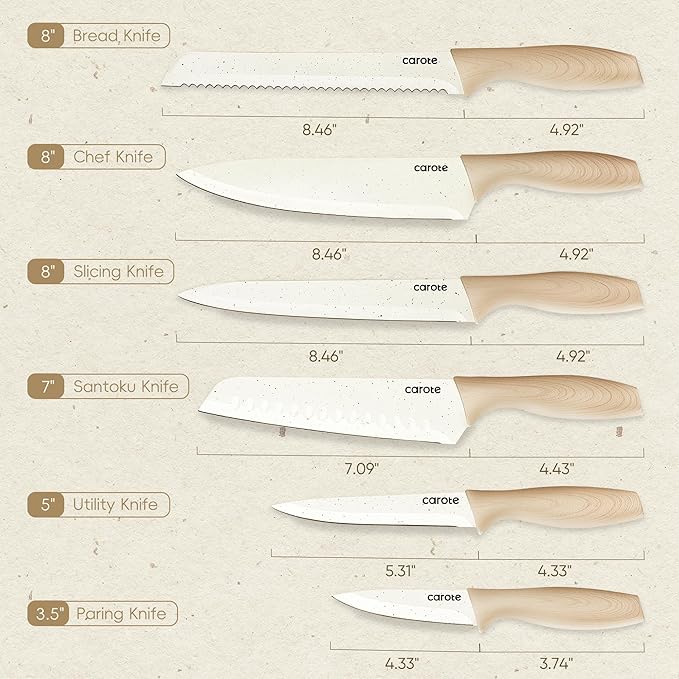 CAROTE 12PCS Knife set with Blade Guards, Granite Nonstick Ceramic Coating