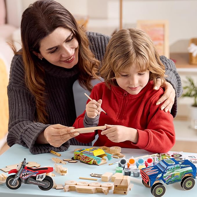 JOYIN Kids Craft Kit Build & Paint Your Own Wooden Race Car Art & Craft Kit DIY Toy Make Your Own Car Truck Toy Construct and Paint Kit, Presents for Kids